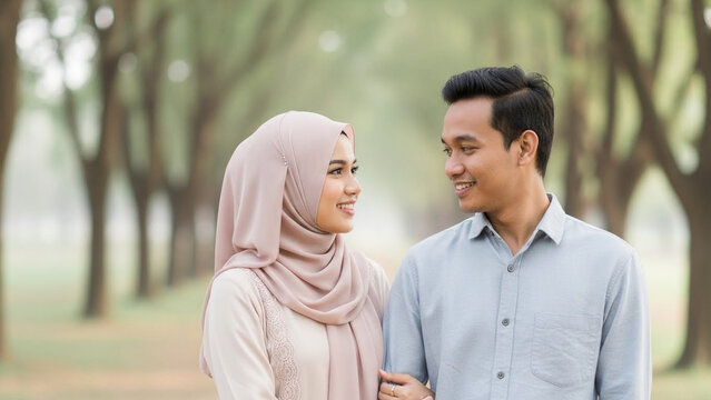Intimate indoor moment of two people facing each other with deep eye contact, hijab woman in pink pattern and man in close conversation, emotional connection, lifestyle branding, and relationship stor