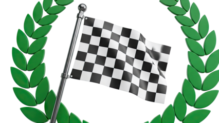 Checkered Flag Waving within Green Laurel Wreath