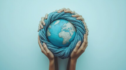 Hands holding a globe surrounded by blue yarn symbolizing care for the planet