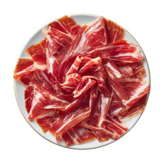 Delicate Slices of Cured Ham: A close-up shot showcasing thinly sliced cured ham artfully arranged on a pristine white plate, inviting the viewer with its rich color, texture.