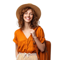Sun-Kissed Traveler: An adventurous traveler radiates joy and excitement, embracing the spirit of travel with her luggage, ready to explore new horizons and create unforgettable memories.