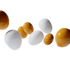 Floating Eggs: An artistic display of golden and pristine white eggs floats elegantly, creating a captivating visual arrangement.