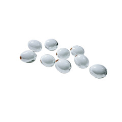 Elegant Capsules: A close-up showcases a collection of gleaming, oval-shaped capsules, their pristine forms reflecting a sense of purity and precision.