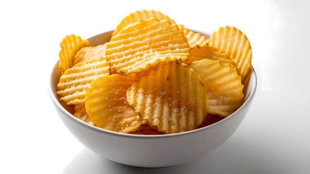 A bowl of crispy potato chips on a white background