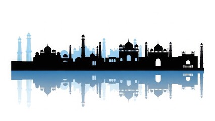 Fototapeta premium A serene silhouette of a city skyline reflected in calm water