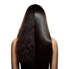 Hair Transformation: Before and After: This striking image showcases a dramatic hair transformation, presenting a comparison of hair before and after a smoothing or straightening treatment.