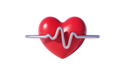 A vibrant three dimensional red heart with a rhythmic silver pulse line crossing it against a stark dark background symbolizing health and vitality