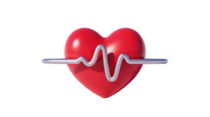 A vibrant three dimensional red heart with a rhythmic silver pulse line crossing it against a stark dark background symbolizing health and vitality