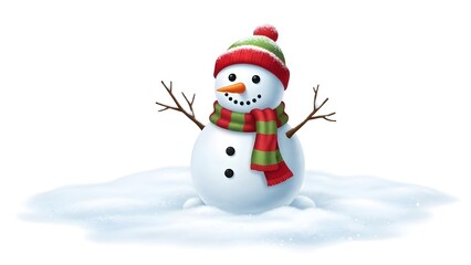 A cheerful snowman wearing a red and green hat and scarf stands in the snow with a carrot nose and coal eyes.