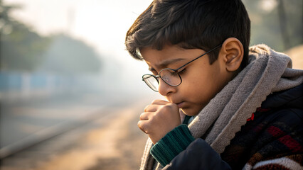 Boy coughing in public place