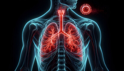 3D illustration of lung anatomy with virus