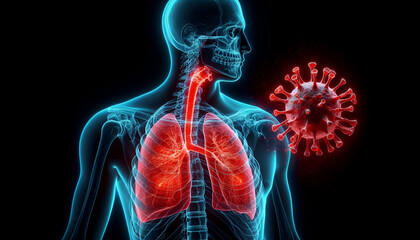 3D illustration of lung anatomy with virus