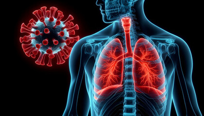 3D illustration of lung anatomy with virus