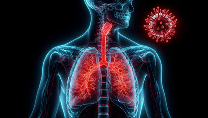 3D illustration of lung anatomy with virus