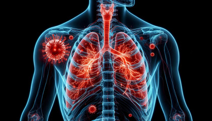 3D illustration of lung anatomy with virus