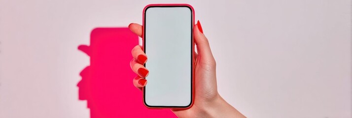 Woman hand holding modern smartphone showing empty blank screen horizontal against white background for mobile app template