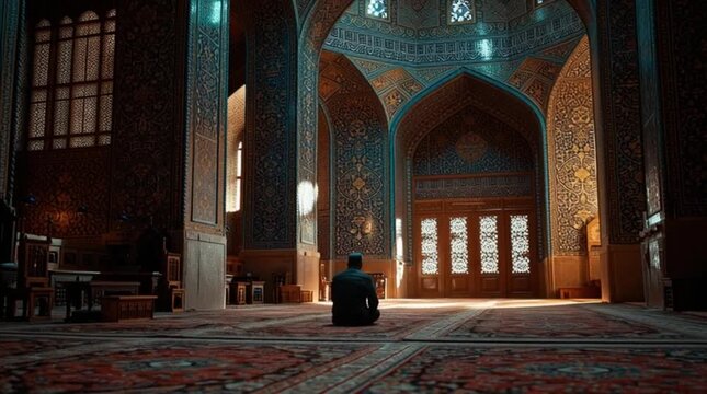 Man praying inside mosque alone in beautiful sacred interior