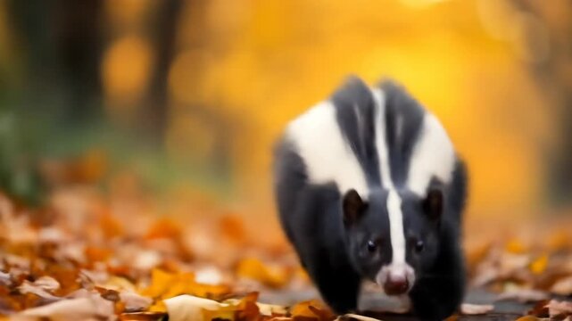 Skunk in autumnal foliage wildlife portrait on forest floor
