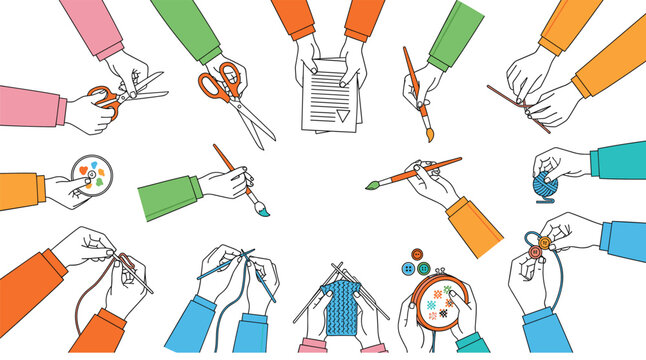 Creative hands illustration set showing crafting, sewing, knitting, painting, cutting, and DIY activities in colorful flat style