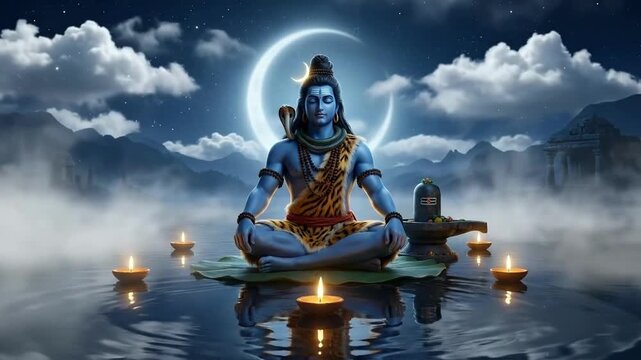 Lord shiva meditating in a dramatic blue digital illustration, surrounded by diyas and a shiva lingam under the mystical crescent moonlit sky.