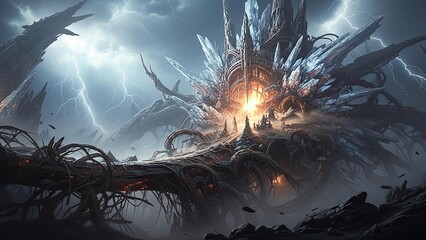 Dark Fantasy Creature in Stormy Landscape