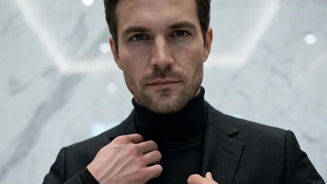 men in all black suits. A confident man in a sleek turtleneck and blazer stands against a textured marble wall, exuding sophistication and charisma in a modern space