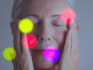 Close-up mature woman with hands on face and circular macro callouts highlighting skin texture and aging process for beauty and skincare advertising
