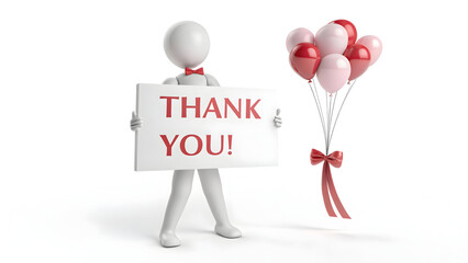 A charming 3d character with a red bow tie holding a 'thank you' sign next to celebratory balloons