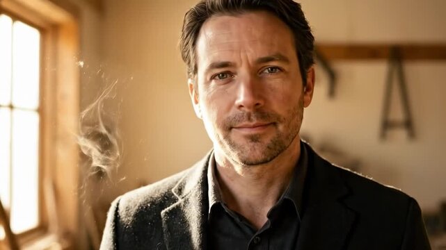 men in all black suits. A contemplative man stands in a workshop, surrounded by soft sunlight filtering through a dusty window, exuding creativity and focus in a rustic environment