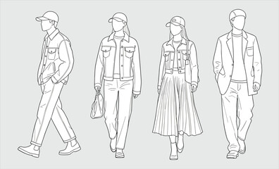 Minimal line art illustration of four fashionable young people walking, casual street outfits, modern lifestyle vector design for commercial use