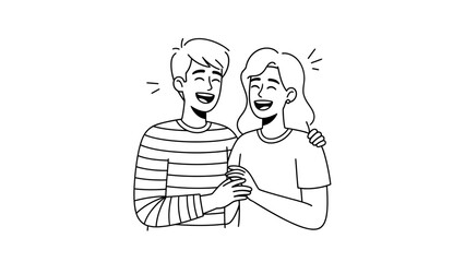 Happy young couple laughing together, linear vector illustration.