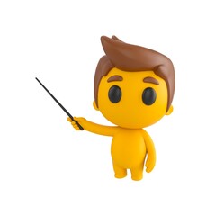 Cute 3D render Little Boy character pointing to the side with a stick, explaining or teaching something, friendly mascot style, isolated on white background.