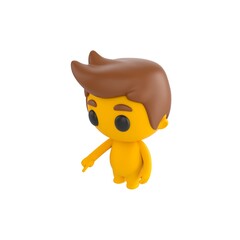 Cute 3D render Little Boy character pointing down at the ground in front, indicating or highlighting something, friendly mascot style, isolated on white background.