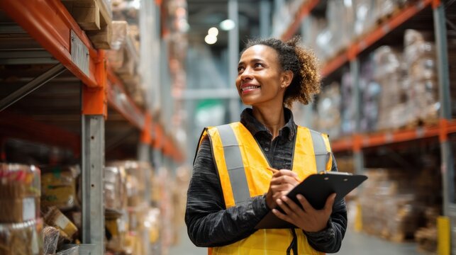 Woman in a yellow vest is smiling and writing on a clipboard in a warehouse. She is wearing a safety vest and she is a warehouse worker - Powered by Adobe
