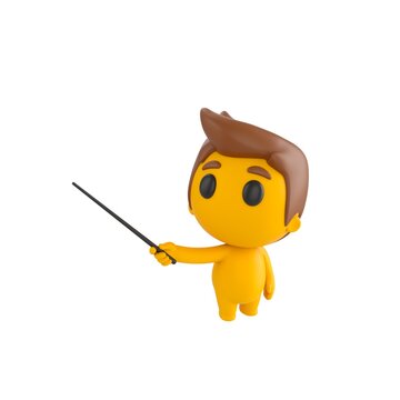 Cute 3D render Little Boy character holding a pointing stick and gesturing to the side, looking upward with a confident and instructive pose, isolated on white background.