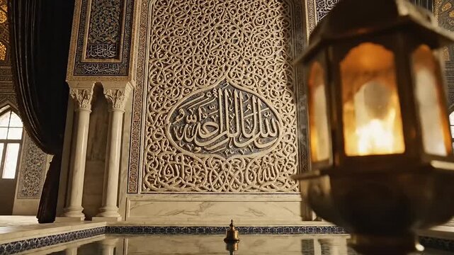 Islamic Architecture Interior with Lanterns and Calligraphy.