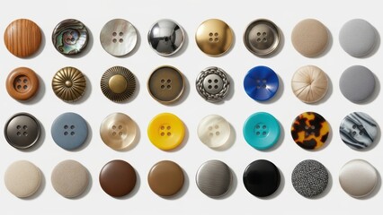Diverse collection of colorful assorted buttons on white background: textures, patterns, designs, and materials explored