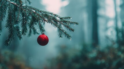 Sparkling Red Christmas Ornament on a Dew-Kissed Pine Branch in a Serene Misty Winter Forest
