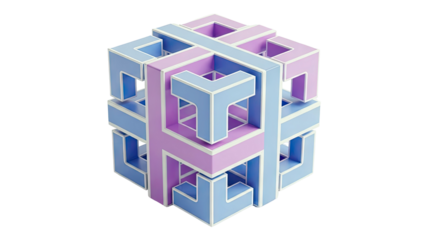 3D Abstract Geometric Cube with Intersecting Shapes in Blue and Purple