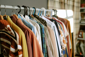 Assorted second hand clothing hanging on rack in store, various styles and fabrics visible, garments arranged closely together, showcasing diversity of pre-owned fashion options