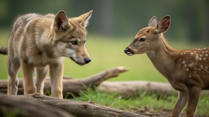 Obraz premium A curious young wolf and a spotted fawn face each other on a fallen log in a lush green forest with