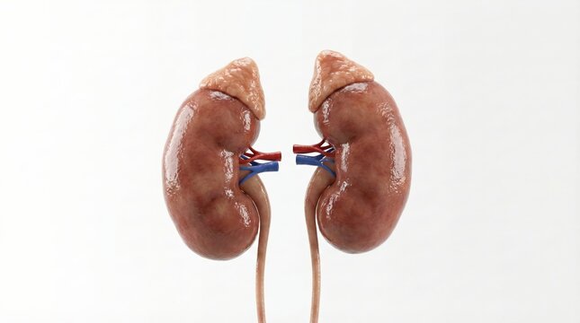 Anatomical illustration of a pair of human kidneys, showing their bean-like shape and the renal artery and vein.