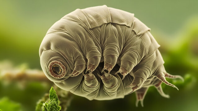 Extreme close up of a hardy microscopic tardigrade or water bear creature showing its segmented body eight sturdy legs and formidable claws clinging to a blurry green plant surface.
