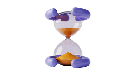 Whimsical cartoon hourglass with bright orange sand flowing through clear glass bulbs and cute purple decorative elements on a solid black background 