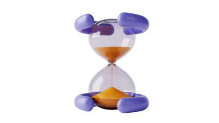 Whimsical cartoon hourglass with bright orange sand flowing through clear glass bulbs and cute purple decorative elements on a solid black background 