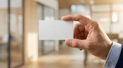 Businessman holding blank white business card in modern blurred office interior