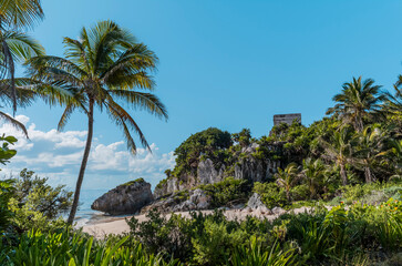 Spectacular view of the Temple of the Wind in Tulum, facing the sea with pristine beach and sea