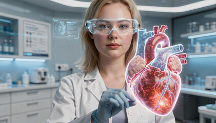 Female Doctor in Futuristic Clinic Examining Glowing 3D Human Heart Hologram with AI Medical Technology and Digital Cardiology