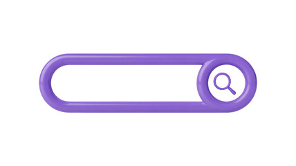 Sleek modern three dimensional glossy purple search bar with magnifying glass on a black background