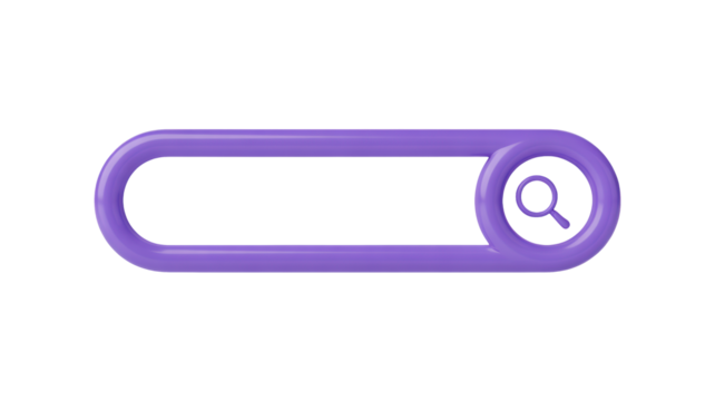 Sleek modern three dimensional glossy purple search bar with magnifying glass on a black background - Powered by Adobe